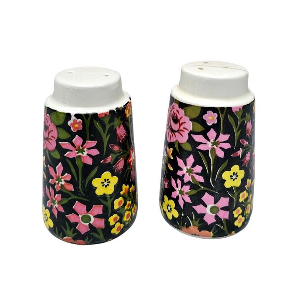VTG NapcoWare Salt Pepper Shaker Set Pink Black Moody Mod Floral C-7681 Japan - Picture 3 of 8